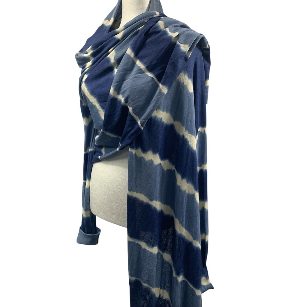 🆕 BCBG MAX AZRIA Waterfall Wrap Sweater Shrug Lux Silk Blend Tie Dye Blues Cream
